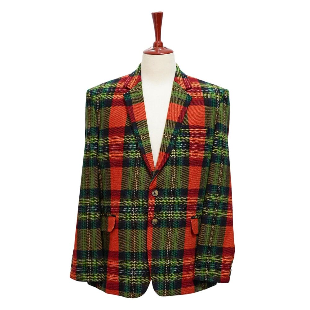 Mens Wool Sport Coat 44L Orange Green Tartan Plaid Blazer 2 Button Formal Jacket